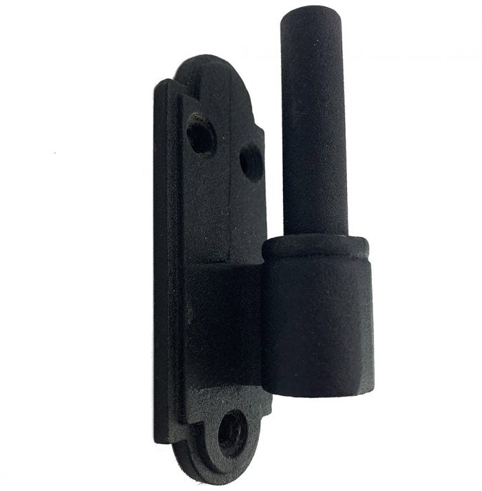 Strap hinge pintle in cast iron with black powder coat finish, available in multiple offsets, sold individually.