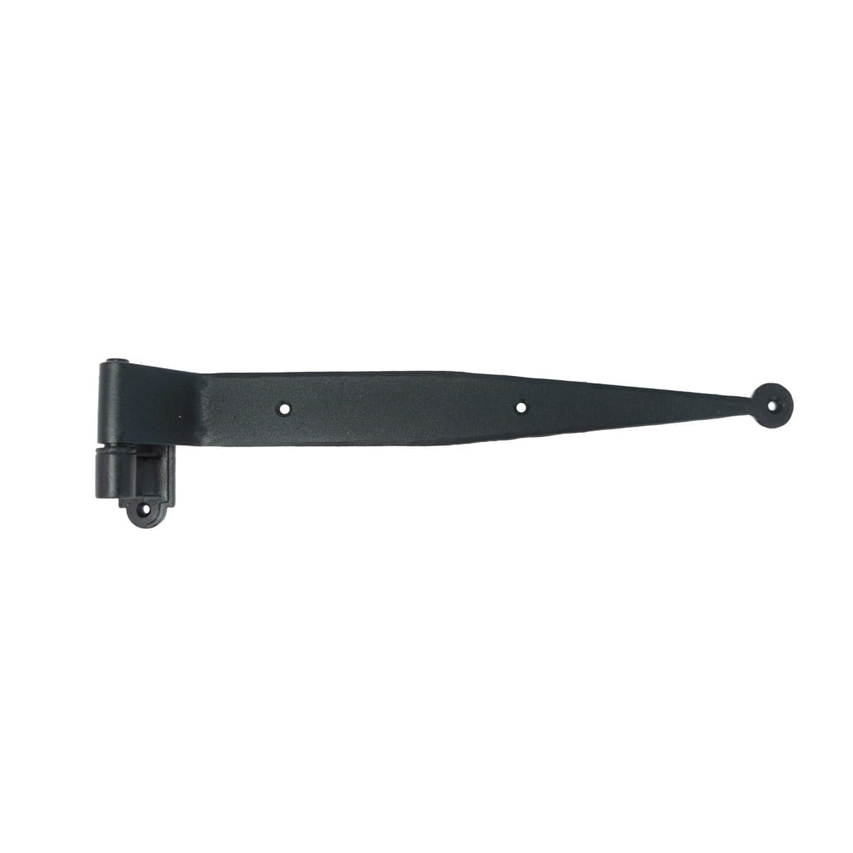 Black powder-coated 12-inch strap hinge for shutters with a circle tip, available in multiple offsets, sold individually.