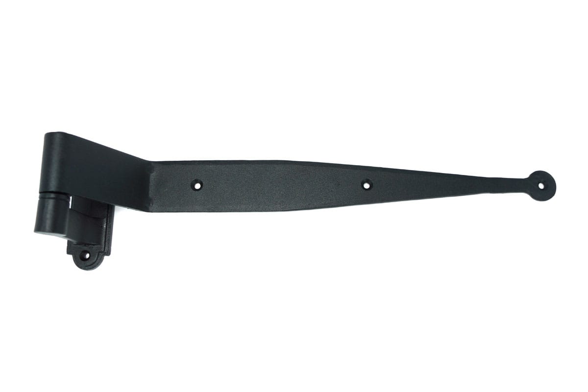 Black powder-coated strap hinge for shutters, 12 inches long with a 2.5-inch offset and 5-inch throw, sold individually.