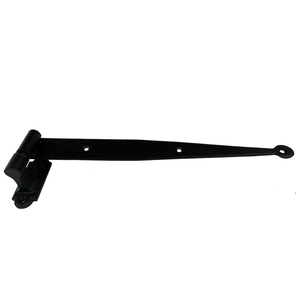 Black powder-coated strap hinge for shutters, 13-1/4 inches, minimal offset, sold individually, multiple pintle offsets available.