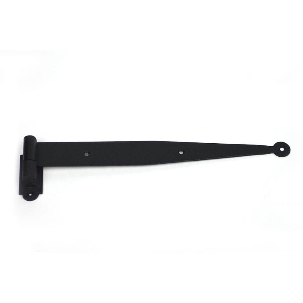 Black powder-coated strap hinge for shutters, 13-1/4 inches long with a circle tip and minimal offset design.