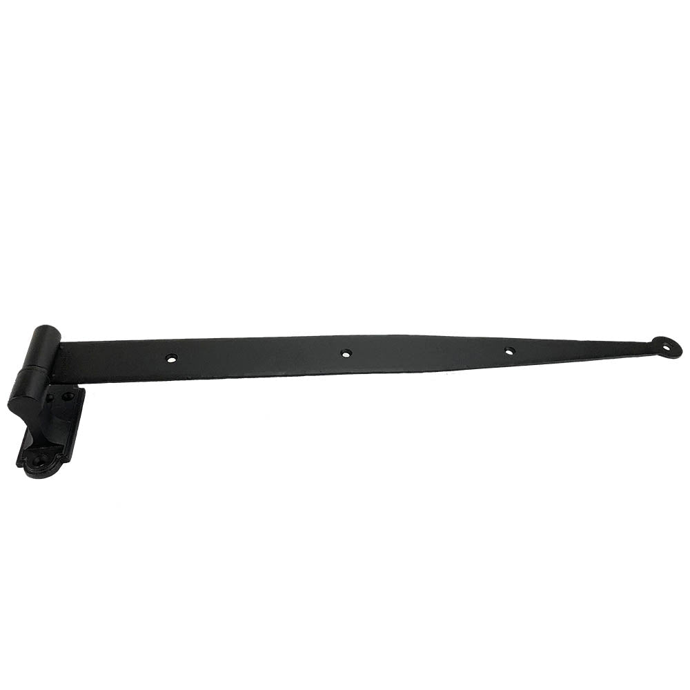 Black powder-coated strap hinge for shutters, 18-1/4 inches long, minimal offset, sold individually.