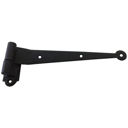 Black powder-coated strap hinge for shutters, 9-1/4 inches long, featuring a circle tip and multiple offsets.