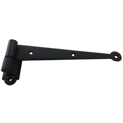 Black powder-coated strap hinge for shutters, 9-1/4 inches long with circle tip, available in multiple offsets.