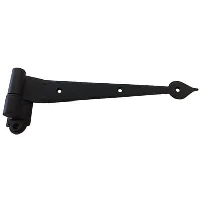 Black powder-coated strap hinge for shutters, 9-1/4 inches long, featuring a spade tip and multiple offsets available.