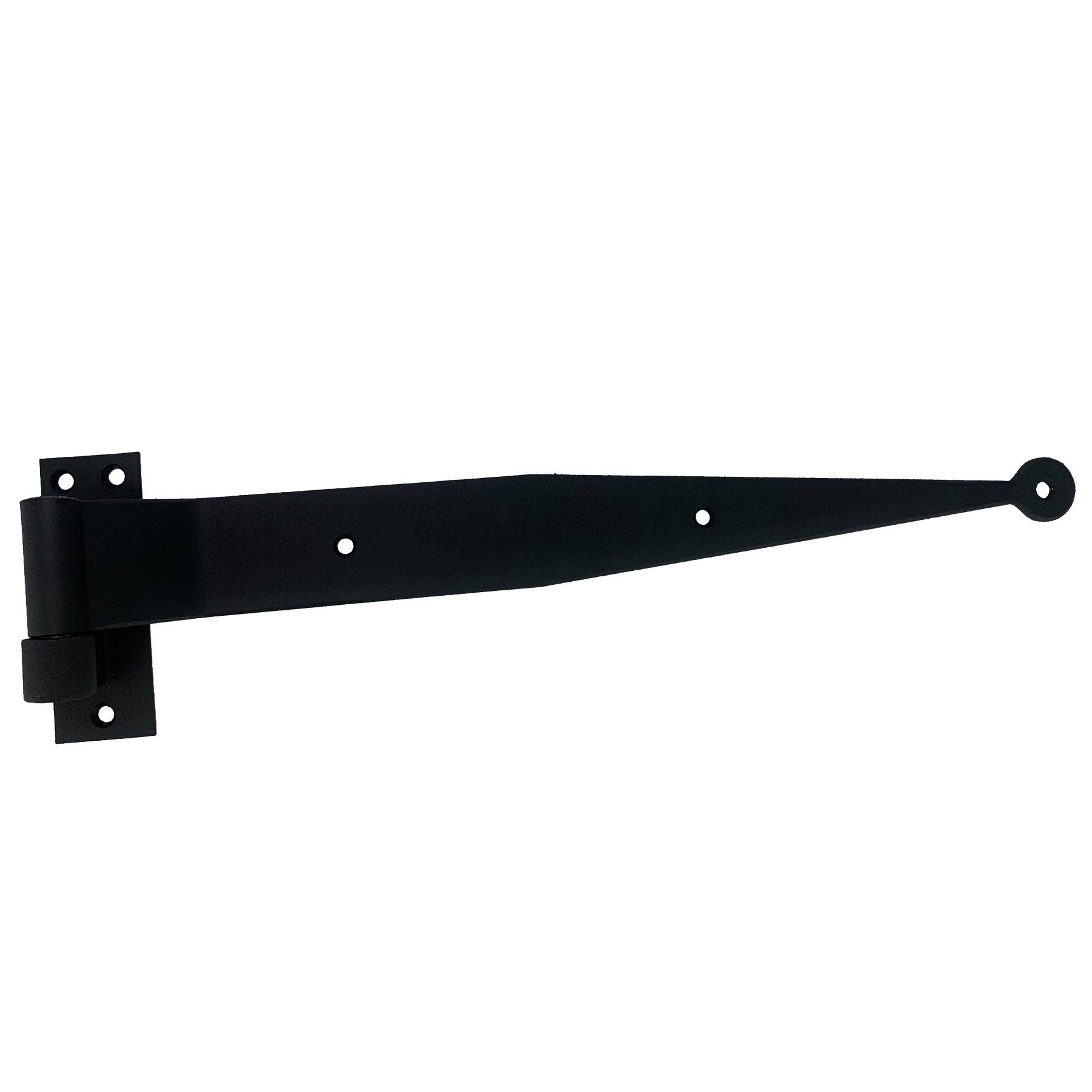 Stainless steel strap hinge for shutters, 12 inches long, 1.5-inch offset, black powder coat finish, sold individually.