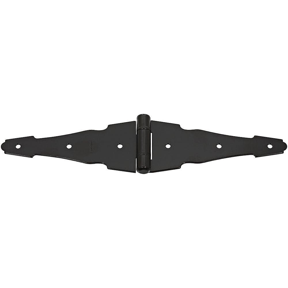Heavy-duty decorative strap hinges in black, 6 inches long, sold in a 2-pack for durable installations.