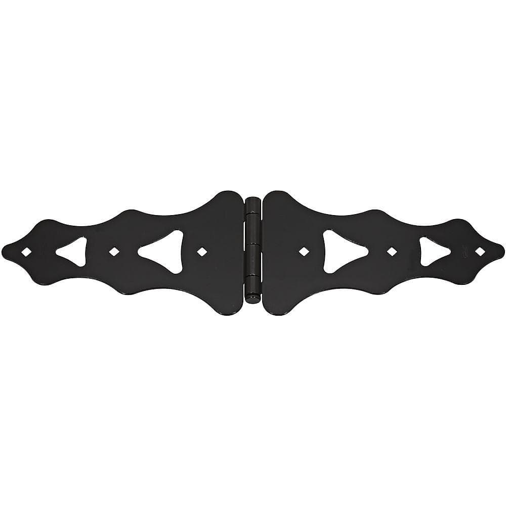 Heavy-duty decorative strap hinge in black, 10 inches, ideal for enhancing doors and gates. Sold individually.