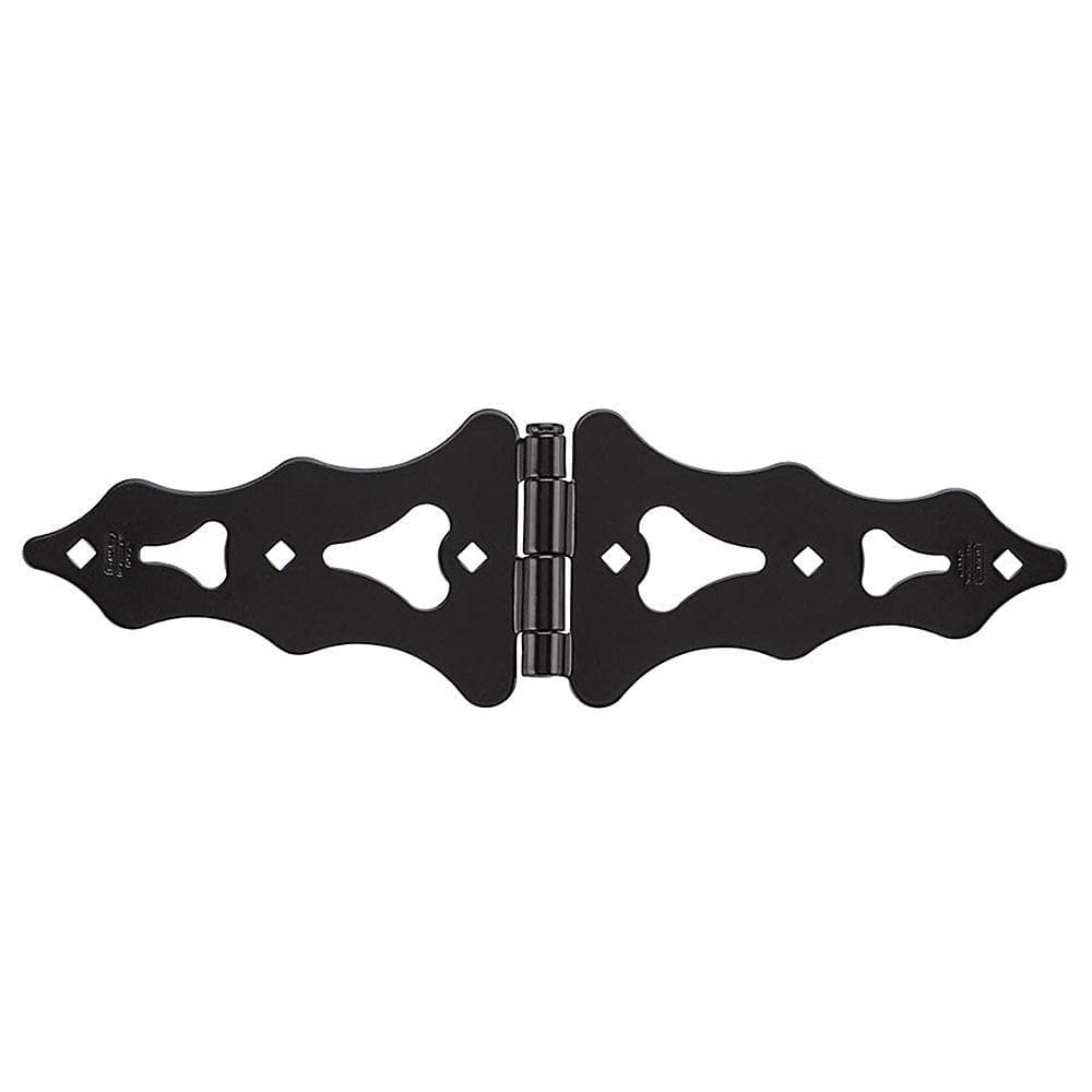 Heavy-duty decorative strap hinges in black, 8 inches long, sold in a 2-pack for durable door and gate applications.