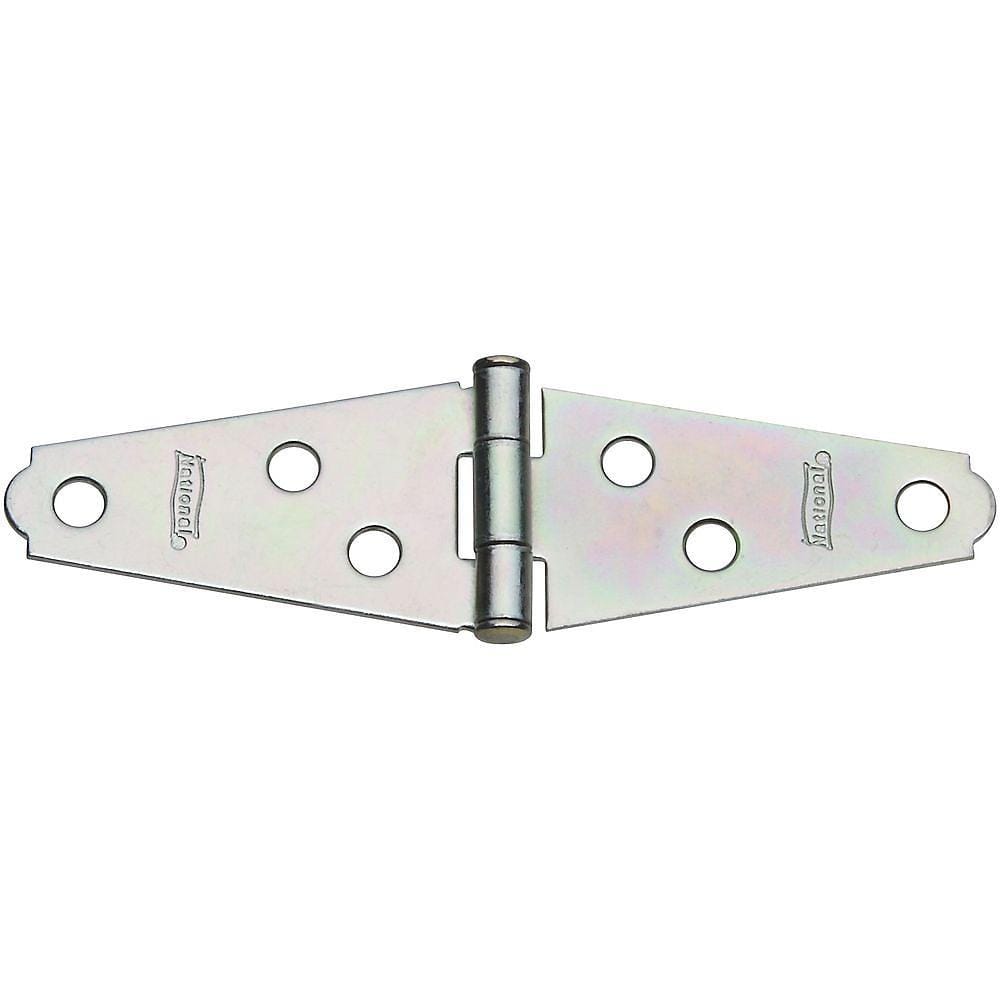 Steel strap hinges with aluminum pin in zinc finish, available in 2 to 5 inches, sold in a 2 pack for durability.