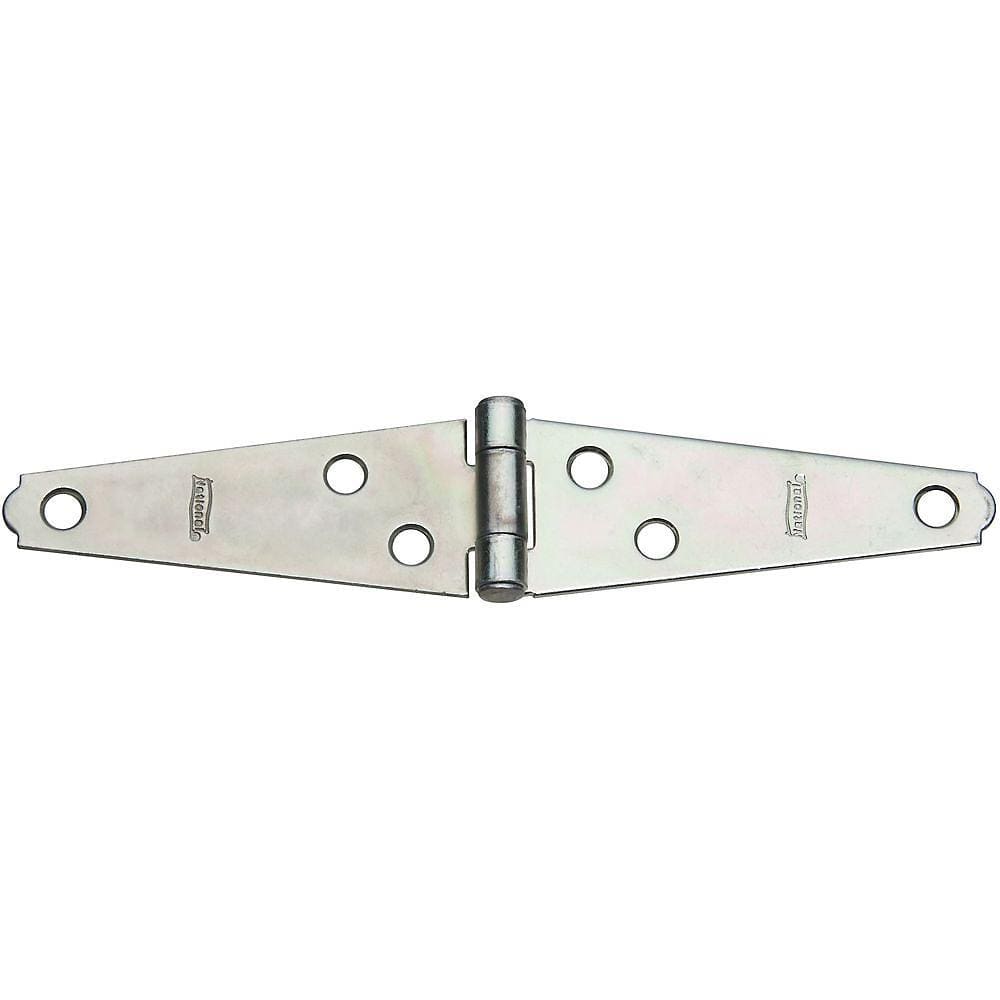 Steel strap hinges with aluminum pin in zinc finish, available in 2 to 5 inches, sold in a 2-pack for durability.