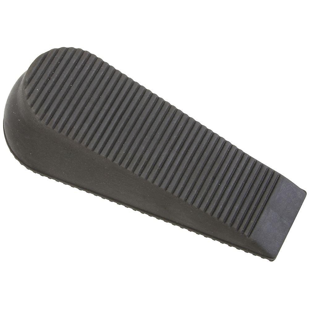 Gray rubber door stop measuring 6 inches, featuring a wedge shape and ribbed surface for secure grip.