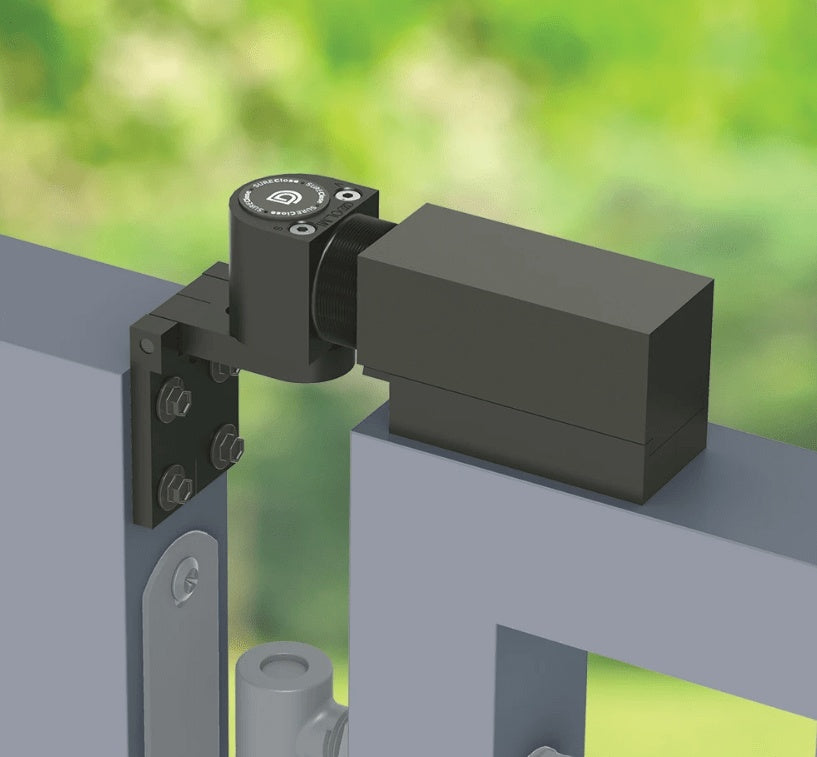 Sureclose Easy Gate Closer designed for center-hinge mounted gates, supports gates up to 180 lbs with a 2-4 inch gap.