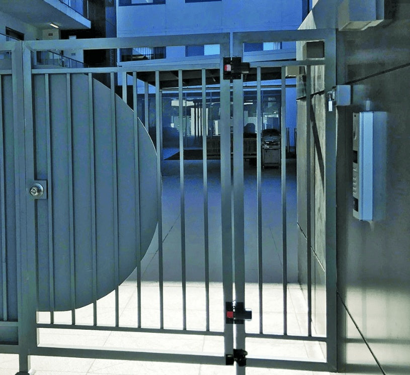Horizontally adjustable Sureclose gate stop allowing a maximum opening of 85 degrees for secure gate operation.