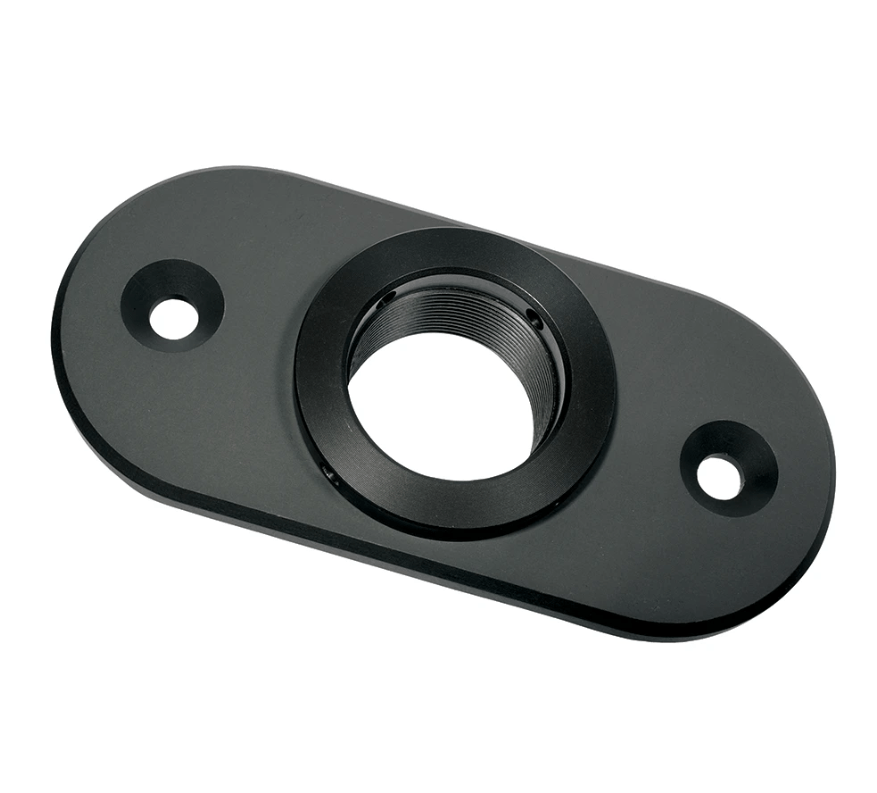 Sureclose post mounting brackets designed for center mount gate hinges, featuring a sleek black finish and durable construction.