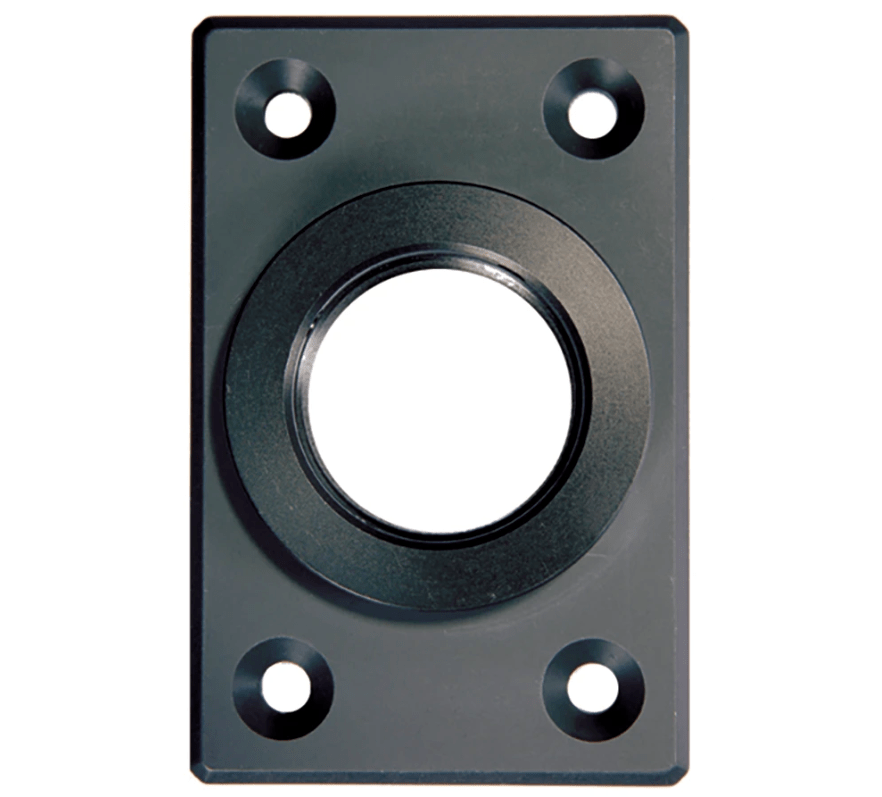 Sureclose post mounting brackets designed for center mount gate hinges, featuring a durable black finish and four mounting holes.