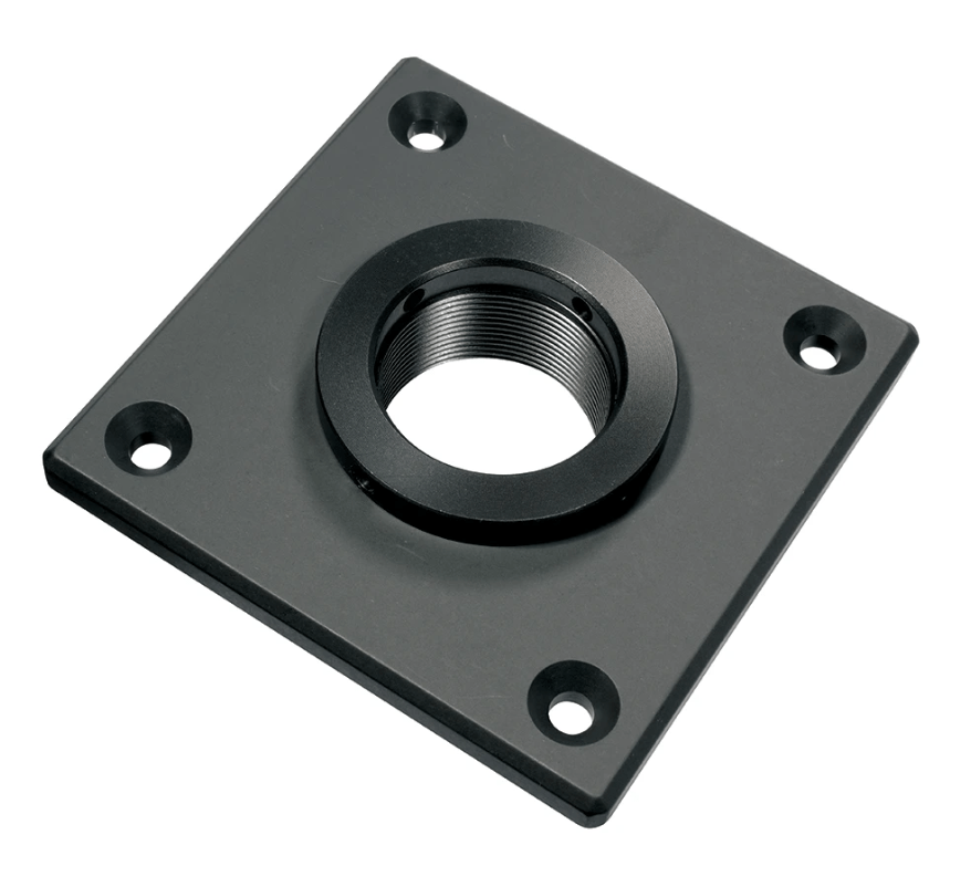 Sureclose post mounting brackets designed for center mount gate hinges, featuring a durable black finish and threaded center.