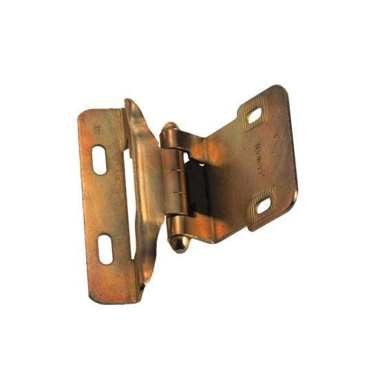 Antique brass surface-mounted half wrap cabinet hinges with self-closing feature, 1/4 inch overlay, 2 pack.