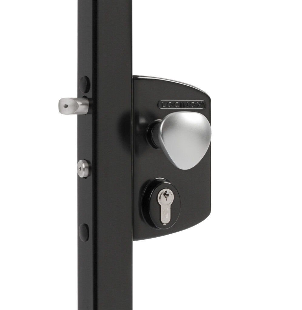 Surface mounted electric gate lock designed for square profiles, featuring fail open functionality and available in multiple finishes.