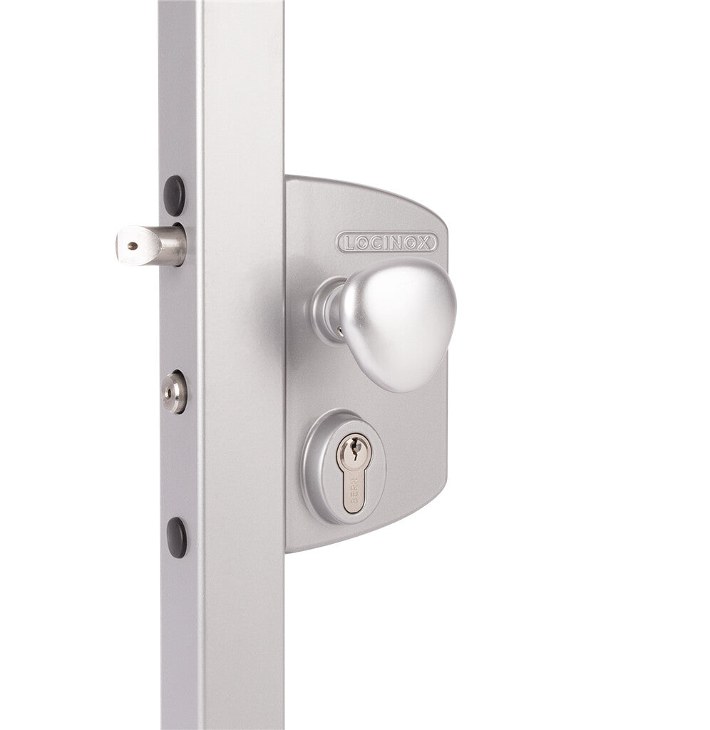 Surface mounted electric gate lock designed for square profiles, featuring fail open functionality and available in multiple finishes.