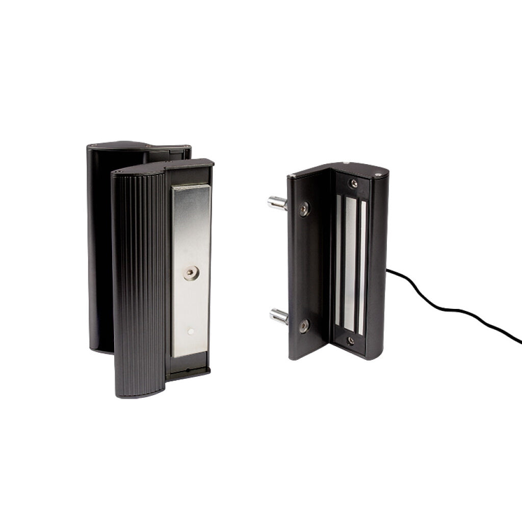 Surface mounted electromagnetic gate lock with integrated pull/push handles for square posts, available in multiple finishes.
