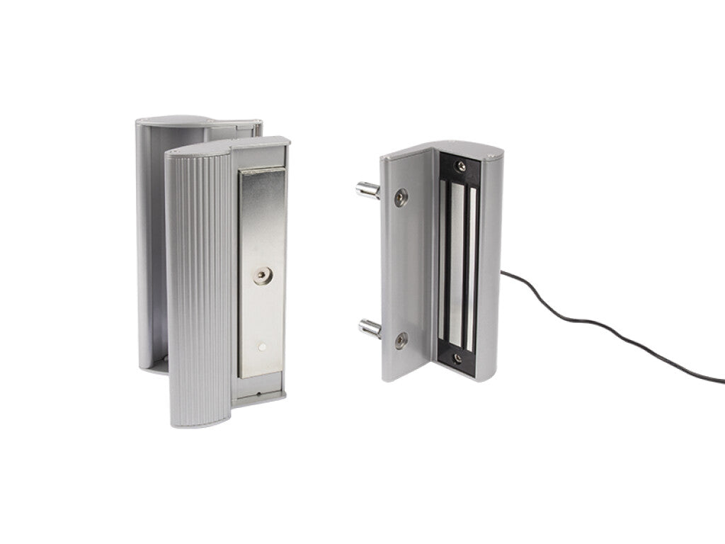 Surface mounted electromagnetic gate lock with integrated pull/push handles for square posts, available in multiple finishes.