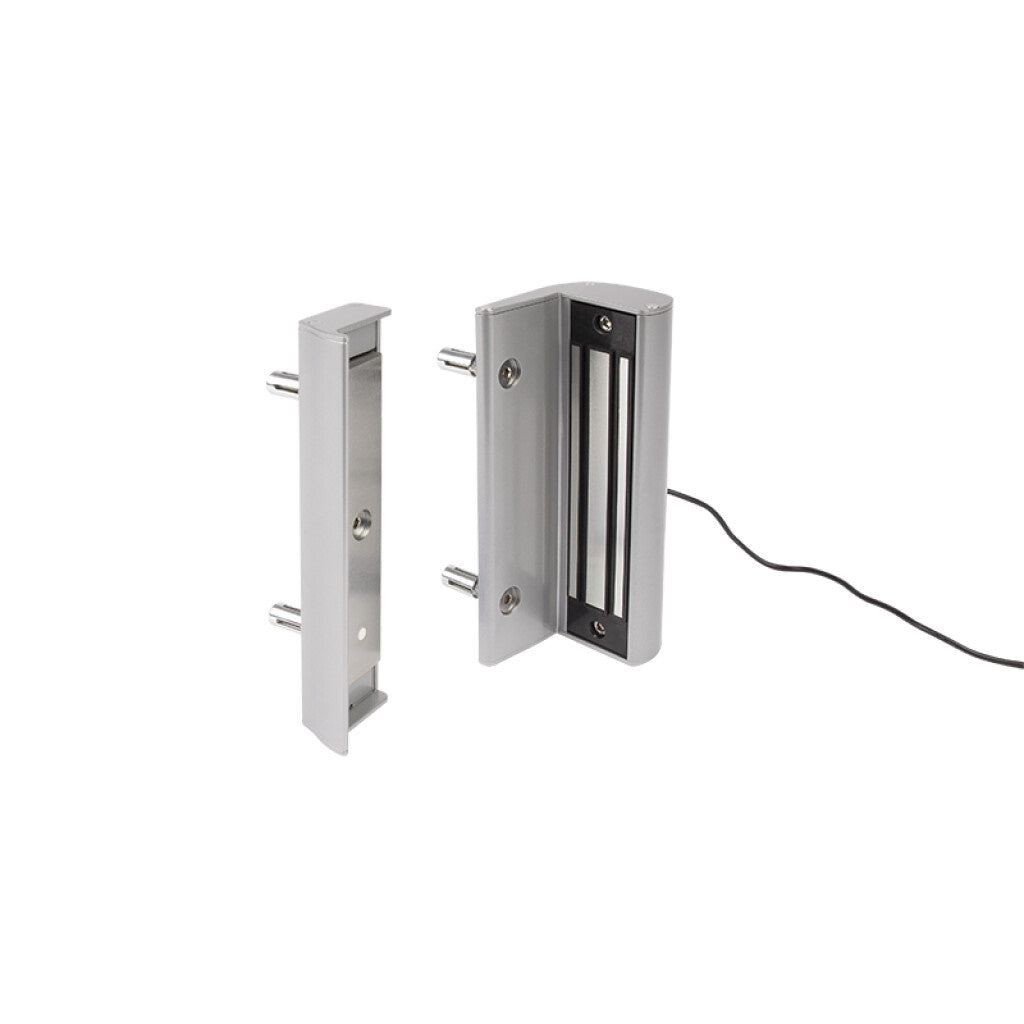 Surface mounted electromagnetic gate lock for square profiles, compatible with 1-9/16" to 3-1/8", available in multiple finishes.