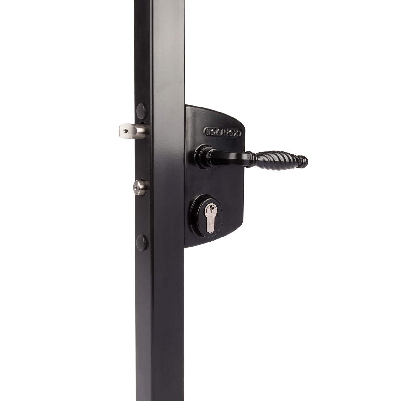 Surface mounted gate lock designed for square or flat profiles, compatible with 3/8" to 3" widths, available in multiple finishes.