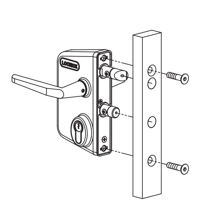 Surface mounted gate lock designed for square or flat profiles, suitable for 3/8" to 3" widths, available in multiple finishes.