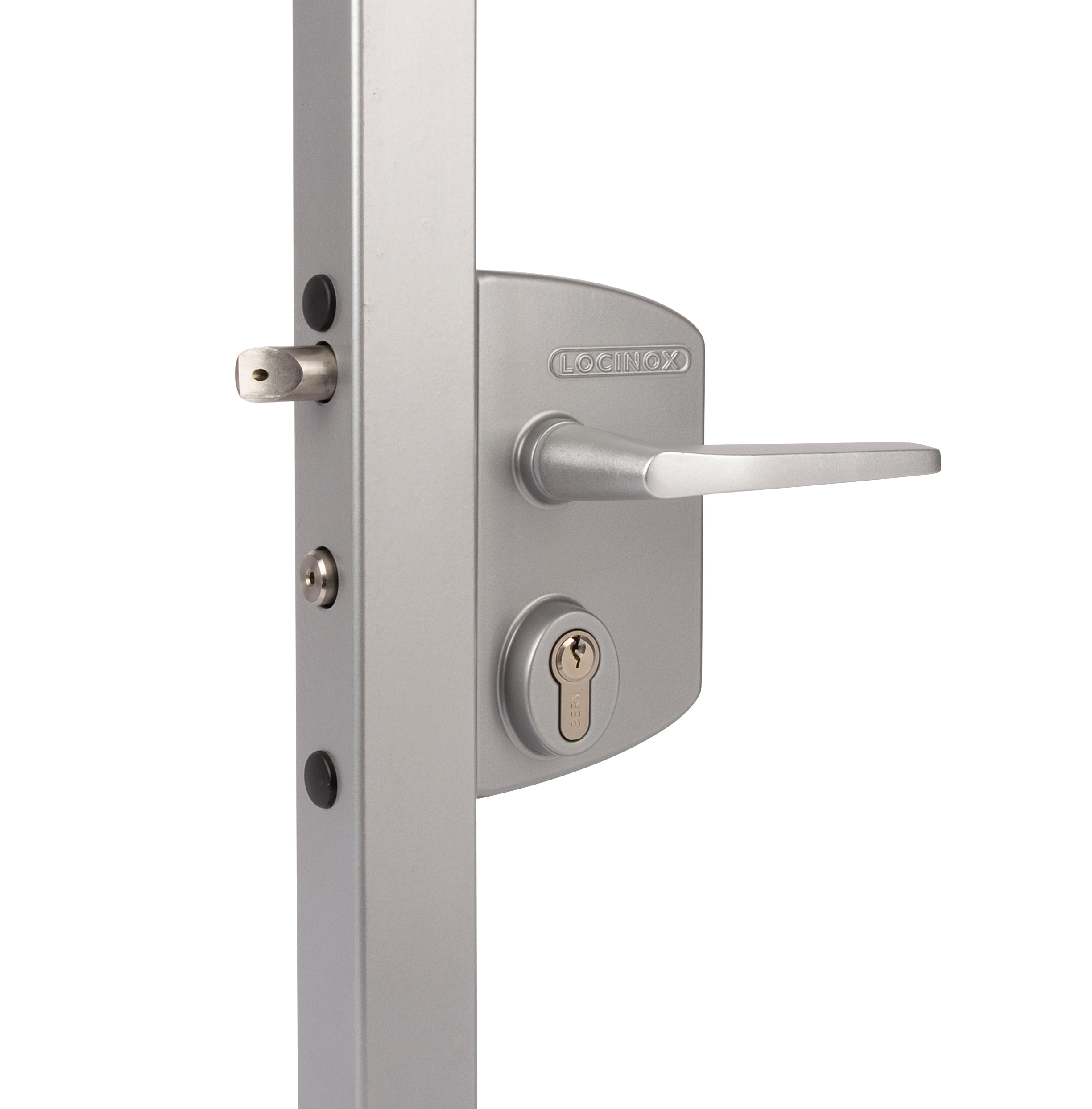 Surface mounted gate lock designed for square or flat profiles, compatible with 3/8 to 3-inch thicknesses, available in multiple finishes.