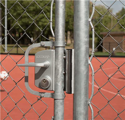 Surface mounted mortise cylinder gate lock for square profiles, suitable for 2 to 2-3/8 inch gates, available in various finishes.
