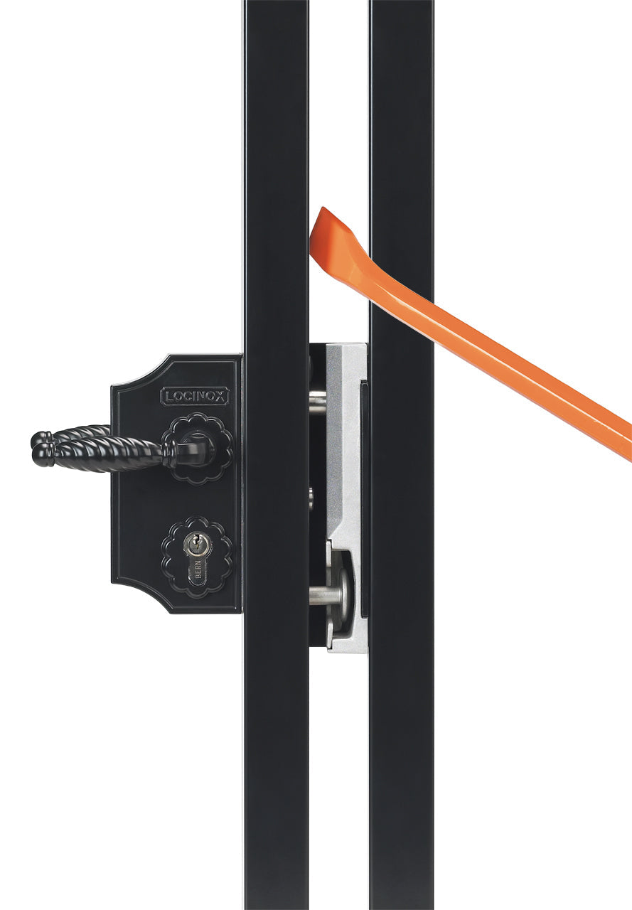 Large surface mounted ornamental gate lock in black finish for square profiles 3/8" to 3" inch, sold individually.