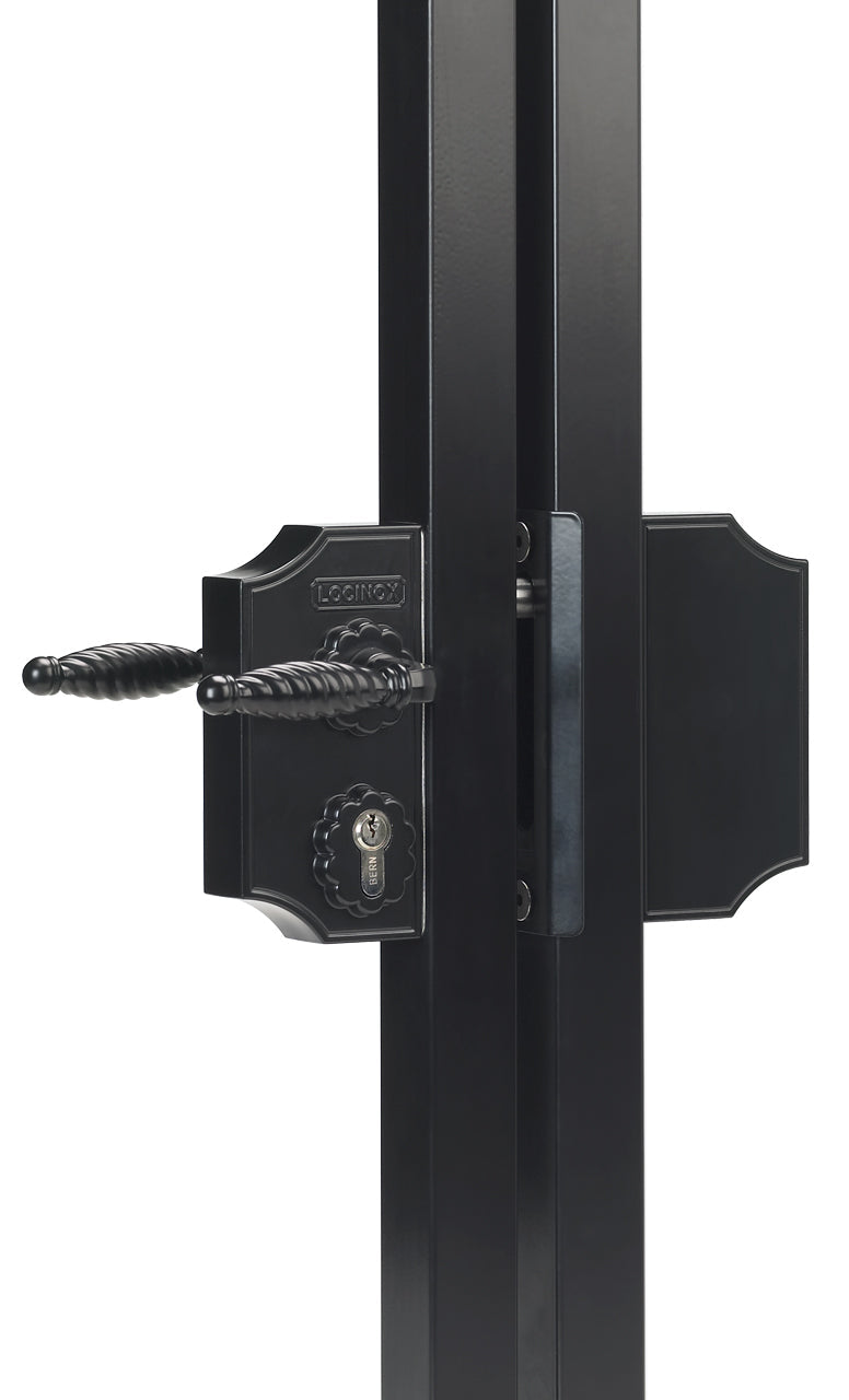 Large surface mounted ornamental gate lock in black finish, designed for square profiles 3/8" to 3" inches.