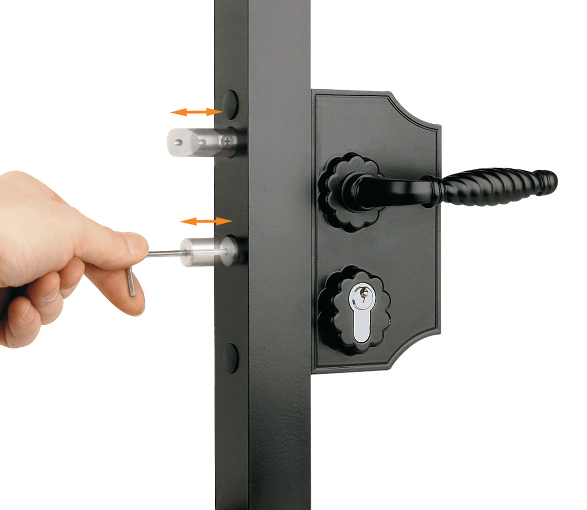 Large surface mounted ornamental gate lock for square profiles, 3/8" to 3" inch, featuring a black finish and key operation.