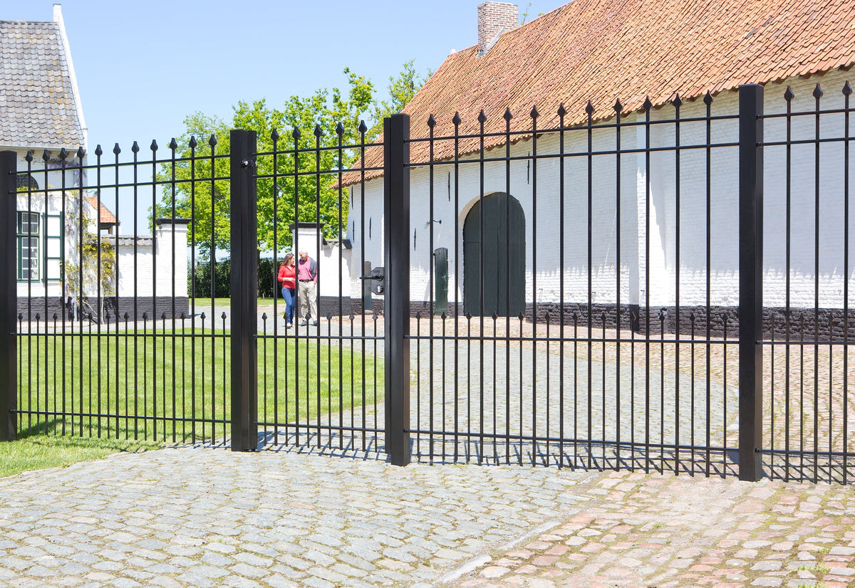 Large surface mounted ornamental gate lock for square profiles, 3/8" to 3" inch, in black finish, sold individually.