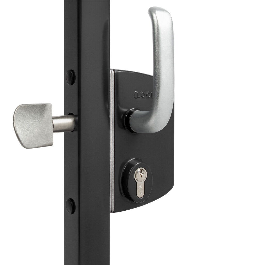 Surface mounted sliding gate lock designed for square or round profiles, available in multiple finishes, sold individually.