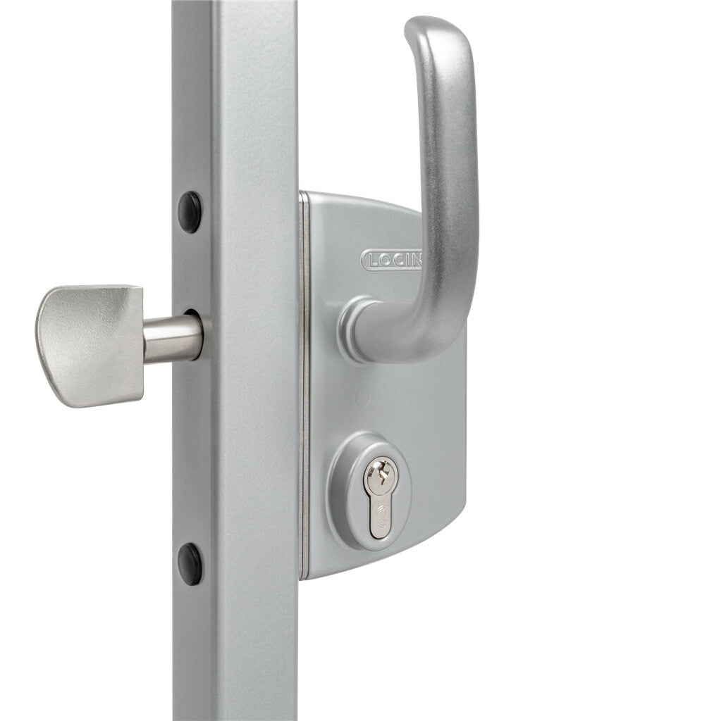 Surface mounted sliding gate lock designed for square or round profiles, available in multiple finishes, sold individually.