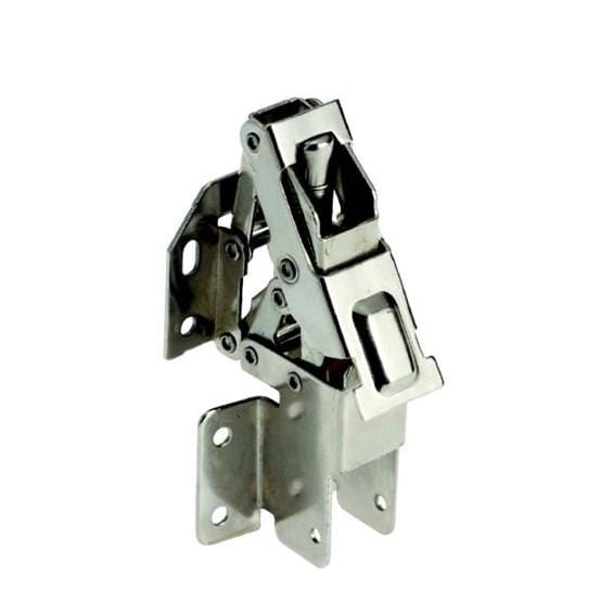 Surface mounted lift-up concealed hinge in a sleek nickel finish, ideal for cabinets and furniture applications.