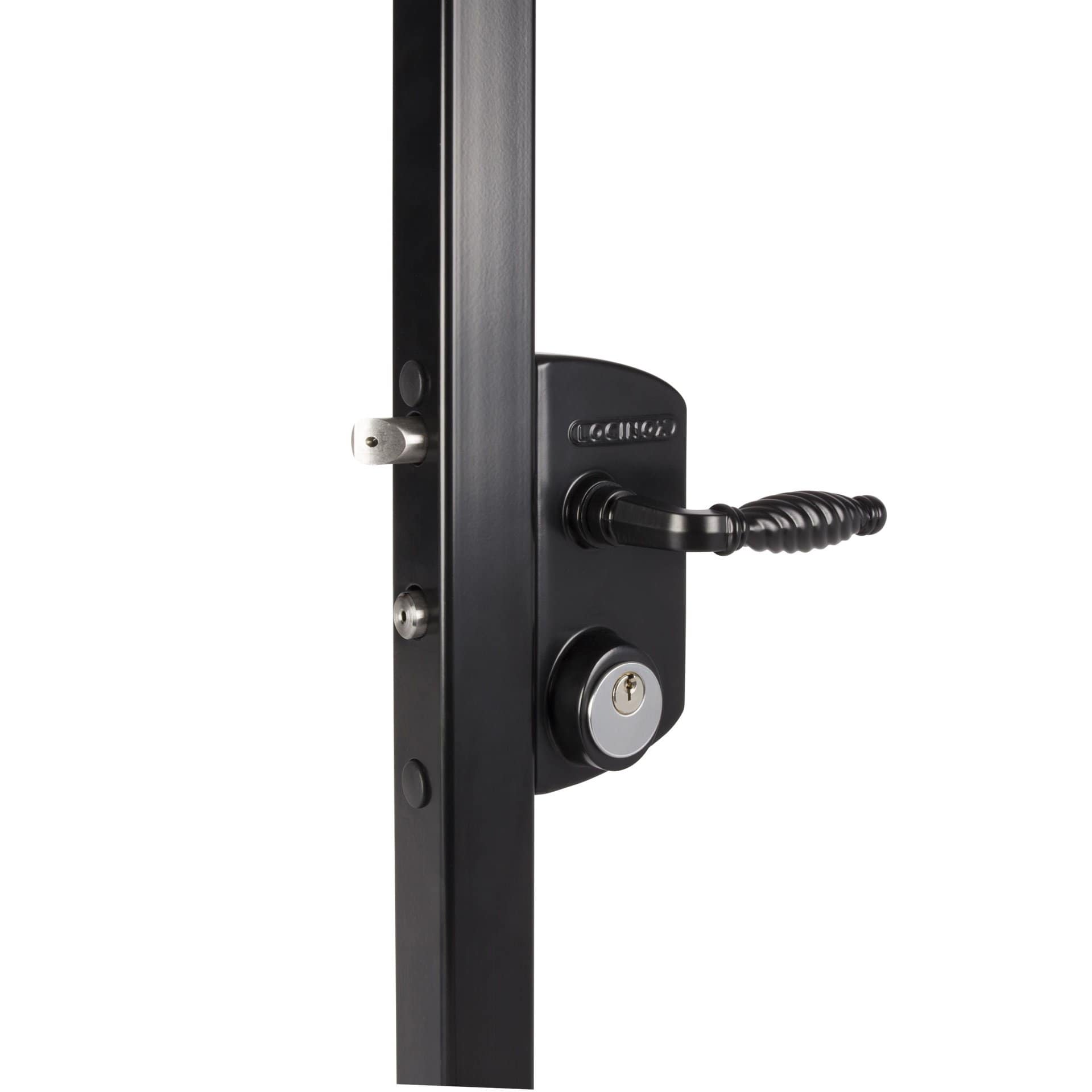 Surface mounted mortise cylinder gate lock for square profiles, adjustable from 2 to 2-3/8 inches, available in various finishes.
