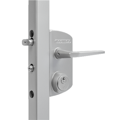 Surface mounted mortise cylinder gate lock for square profiles, available in multiple finishes and cylinder options.