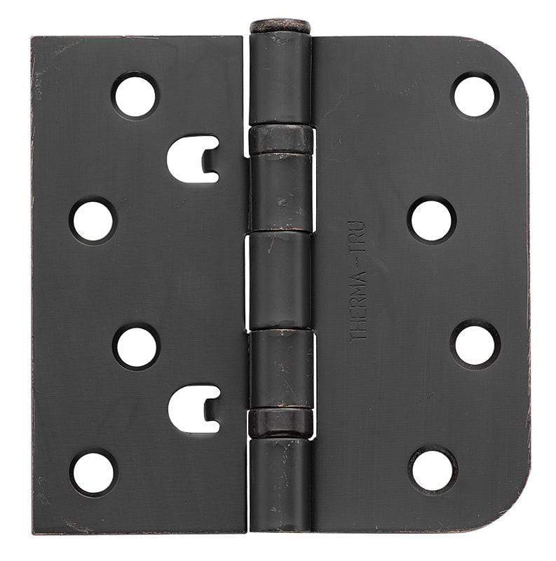 Thermatru self-aligning ball bearing hinge, 4x4 inches, square corner with 5/8-inch radius, available in multiple finishes.