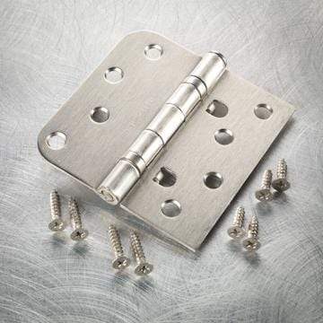 Self-aligning ball bearing hinge, 4x4 inches, square corner with 5/8 inch radius, available in multiple finishes.
