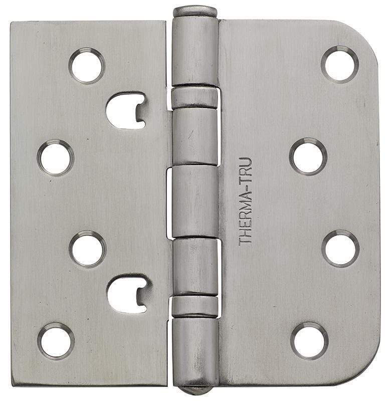 Thermatru self-aligning ball bearing hinge, 4x4 inch square corner, 5/8 inch radius, available in multiple finishes.