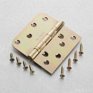 Thermatru self-aligning ball bearing hinge, 4x4 inches, square corner with 5/8 inch radius, available in multiple finishes.