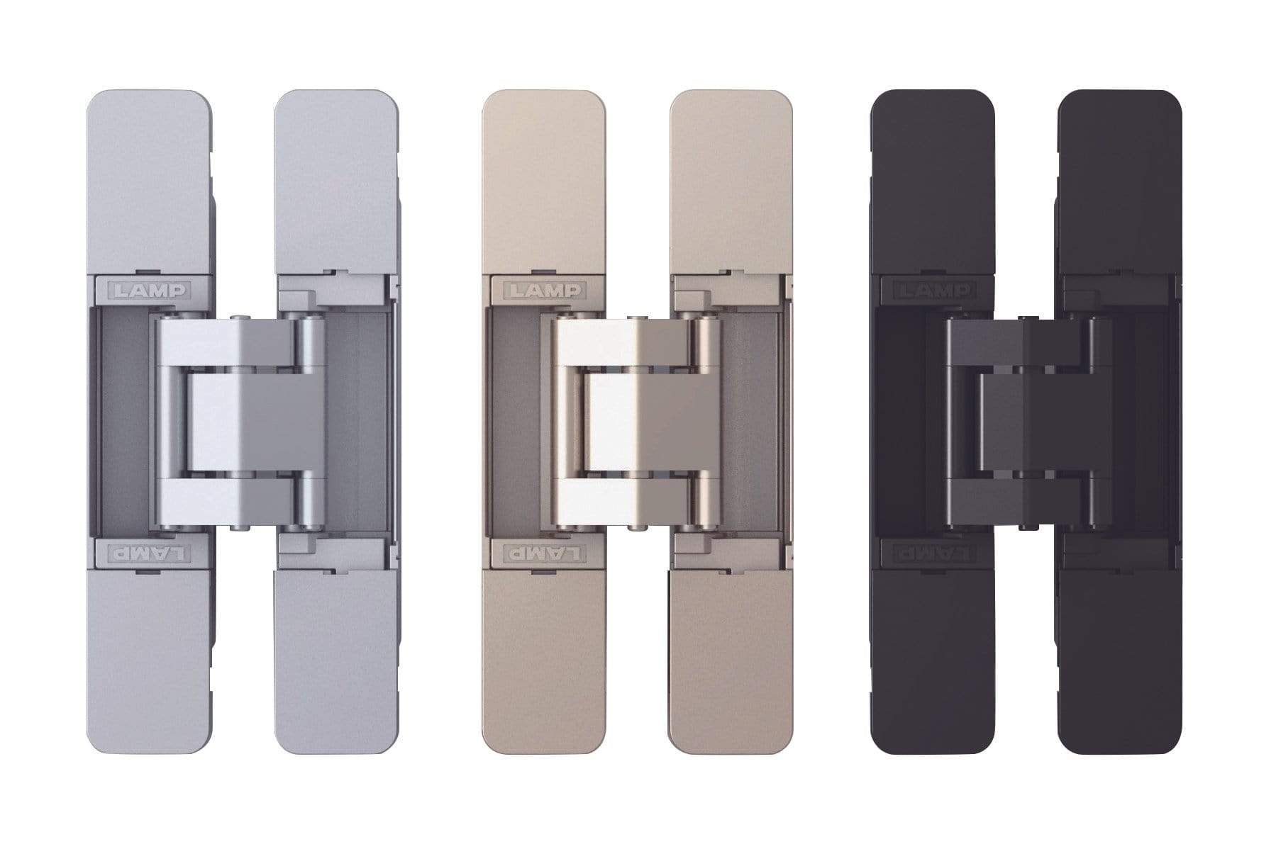 Three-way adjustable concealed door hinge in multiple finishes, sold individually for versatile installation options.