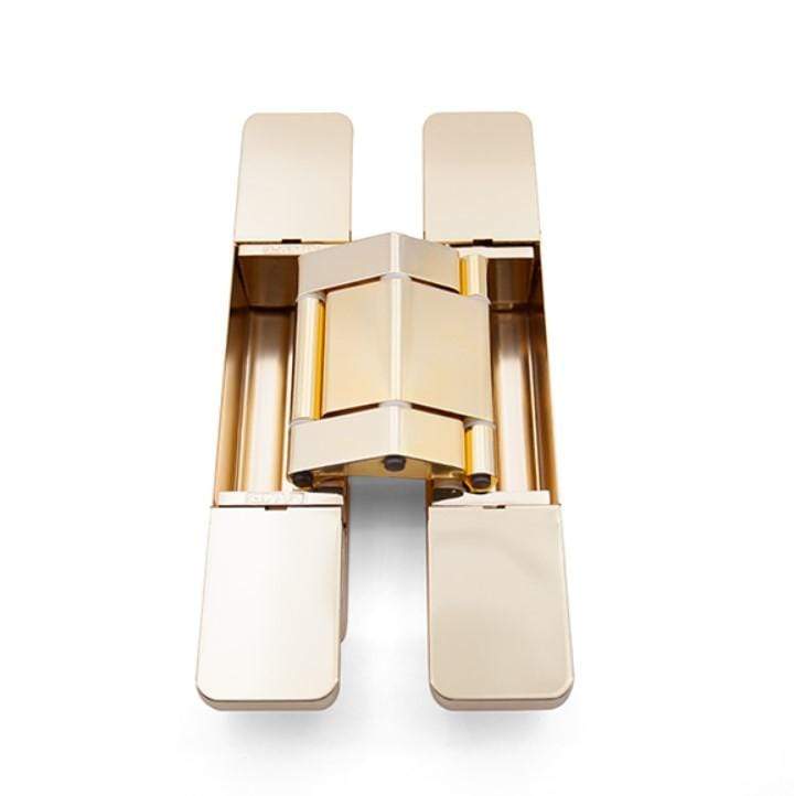 Three-way adjustable concealed hinge for cladded doors, available in multiple finishes, sold individually.