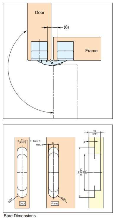 Three-way adjustable concealed cabinet hinge with detailed dimensions, available in multiple finishes, sold individually.