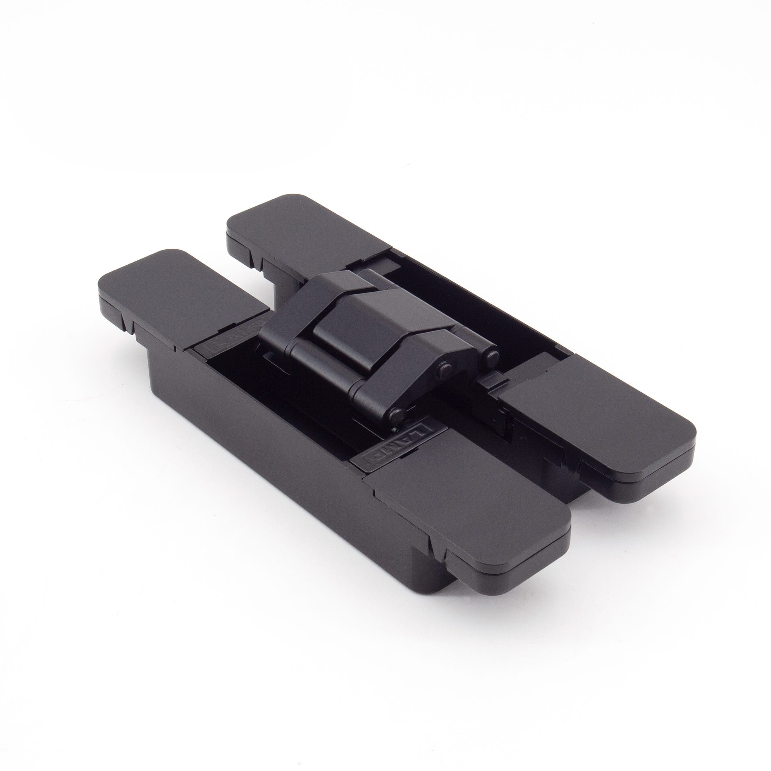 Three-way adjustable concealed door hinge in black, suitable for various door applications, sold individually.