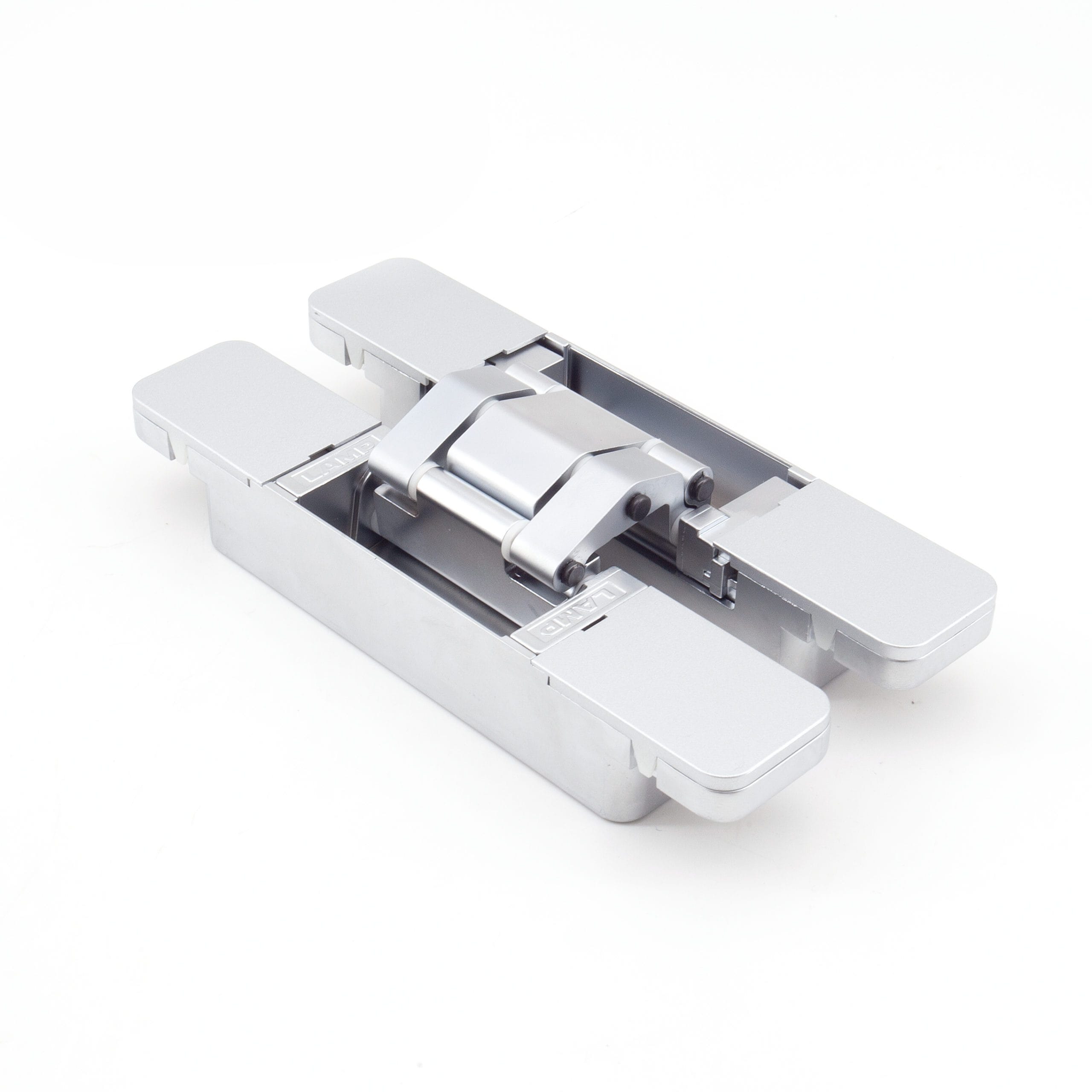 Three-way adjustable concealed door hinge in multiple finishes, designed for seamless door operation, sold individually.