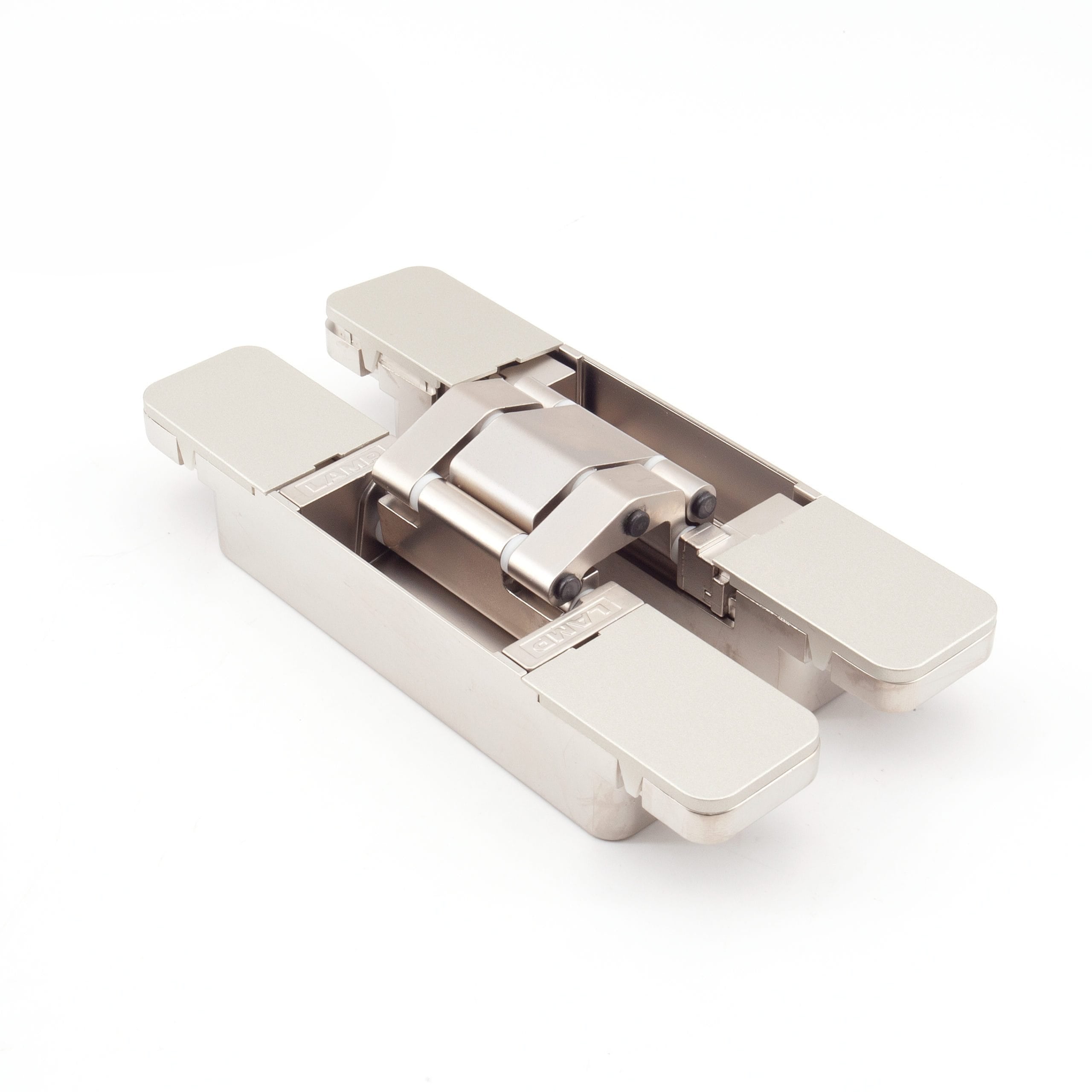 Three-way adjustable concealed door hinge with a sleek design, available in multiple finishes, sold individually.